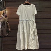 夏季纯棉透气短袖连衣裙，白色剌绣花淑女装大摆长裙