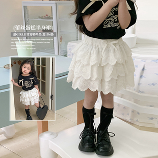 女童短裙白色半身裙裤2024夏装，韩版时髦儿童蕾丝花边蛋糕裙子