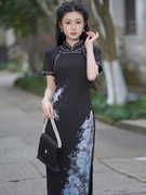 黑色长款旗袍2024清冷风新中式复古优雅高级感气质长款连衣裙