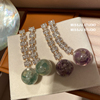 透明玻璃质感水晶绿球紫球耳环，适合春夏长款琉璃，彩色玻璃球耳饰