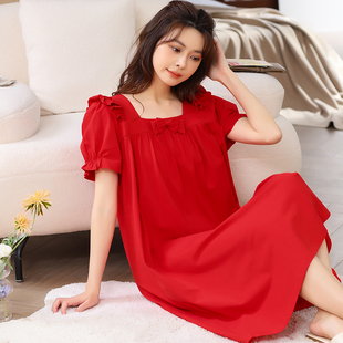 本命年红色睡裙女夏季丝光棉，短袖睡衣裙，2024年夏天薄款家居服