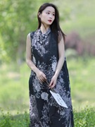 棉麻女装文艺复古中式改良旗袍苎麻印花民族，风连衣裙子薄款透气