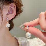 银针梯形锆石珍珠耳环，时尚复古小众设计感耳钉轻奢高级感耳饰