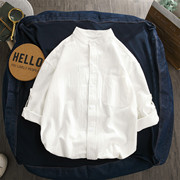 夏季短袖衬衫男士外套韩版潮流棉麻，七分袖立领上衣纯色，白衬衣(白衬衣)