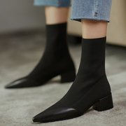针织瘦腿袜子靴女2023秋季尖头外穿弹力靴粗跟短靴冬天瘦瘦靴