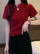 新中式国风时尚盘扣设计立领T恤衫女装早春修身纯色百搭短袖上衣
