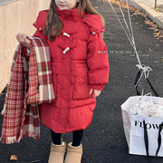 女童新年款中长款红色羽绒服韩版冬季儿童牛角扣90白鸭绒上衣