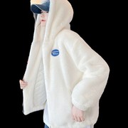 欧洲站2023年冬季兔毛绒皮草羊羔毛外套女连帽宽松加厚大衣