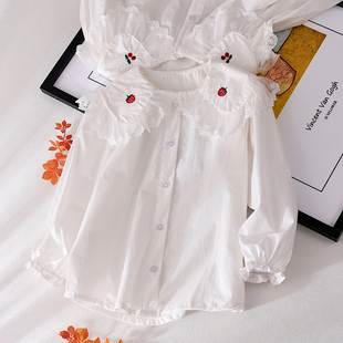 女童衬衫春装2024童装儿童，纯棉白衬衣(白衬衣，)女孩蕾丝娃娃领长袖上衣