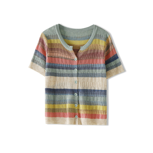 kiki粉丝夏季精纺羊毛，多巴胺色织工艺条纹t恤短袖2s095-1