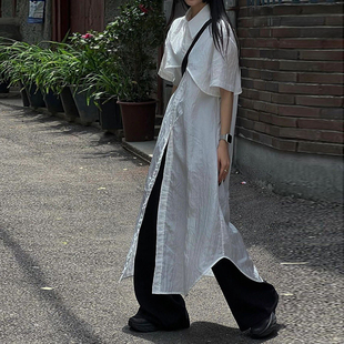 日系设计感小众分层短袖衬衫裙女夏季微透系扣白色连衣裙长款显瘦