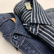阿美咔叽日系复古风工装衬衫，重磅纯棉竖条纹，欧美宽松长袖牛仔衬衣