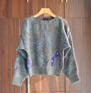 韩国vintage金线编织蝙蝠衫宽松套头短款马海毛毛，衣女羊毛衫上衣