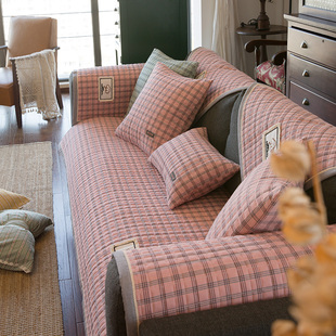 水洗全棉现代简约格子沙发垫，布艺坐垫子，四季通用防滑沙发套罩家用