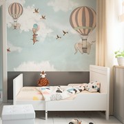 蓝色天空热气球大象墙纸儿童，房壁纸男孩女孩卧室，墙布温馨定制壁画