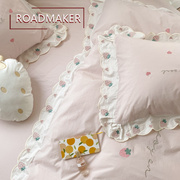 罗德梅科粉色草莓刺绣公主风四件套全棉少女心纯棉被套床上用品