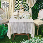 法式田园复古编织蕾丝餐桌，桌布美式网红白色，ins流苏圆桌布茶几布