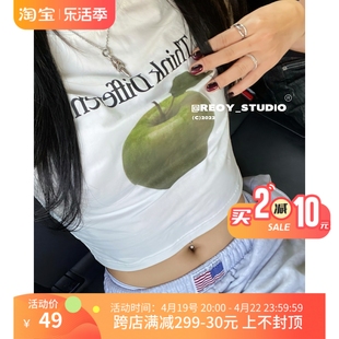 REコンテナ 设计师品牌ins简约韩版趣味青苹果印花慵懒高腰T恤