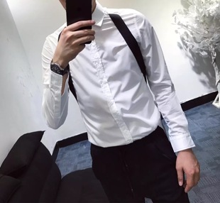 2019黑白拼接背带长袖衬衫，男士韩版修身时尚，个性发型师衬衣潮