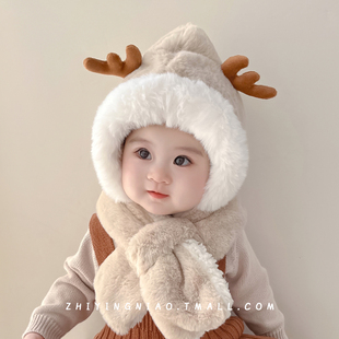 宝宝帽子秋冬款儿童围巾一体帽，女孩可爱婴儿毛绒帽(毛，绒帽)冬季男孩护耳帽