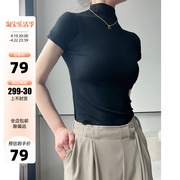AYINGJIA 半高领T恤女春夏韩版黑色短袖显瘦气质修身设计小众上衣