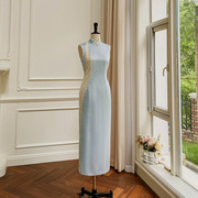 改良版立领无袖撞色旗袍，女蓝色优雅长款修身聚会礼服连衣裙大品牌