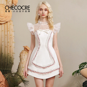 茬客气质白色连衣裙小众设计感链条个性时尚欧根纱拼接飞飞袖裙子