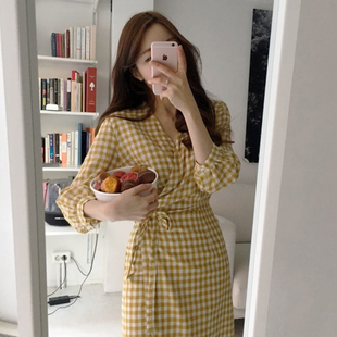 韩国chic春季法式浪漫V领撞色格纹设计系带收腰显瘦长袖连衣裙女