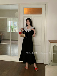 爱西里夏季法式复古荷叶，领收腰鱼尾设计连衣裙，百搭显瘦小黑裙