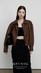 roeywang“皮革夹克”棕色，皮衣复古洗褪作旧宽松皮外套