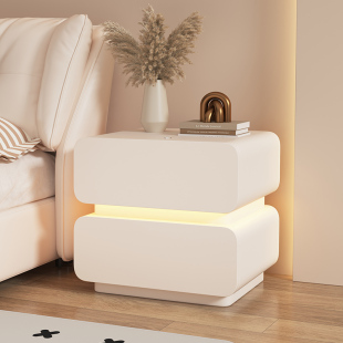 宜家小型床头柜带灯一体奶油风现代简约创意实木床边柜免安装