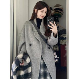 灰色呢子大衣2023秋冬季韩系中长款高级感小个子赫本风毛呢外套女