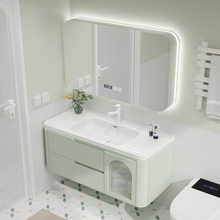 智能法式风橡木烤漆浴室柜圆角陶瓷一体盆洗手池洗脸盆洗漱台