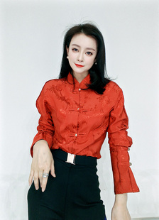 喜庆红中式国风复古女士长袖衬衫盘扣唐装人丝提花显瘦气质外衣