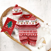 圣诞麋鹿男婴儿针织衫连体衣女宝宝毛衣开档爬爬服带帽哈衣二件套