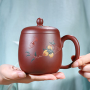 宜兴紫砂杯纯手工泥绘福寿大容量茶杯男女士带盖喝水杯子茶具