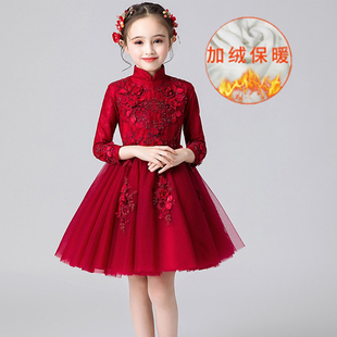 女童礼服公主裙花童，婚纱洋气儿童红色，生日气质主持演出服长袖冬季