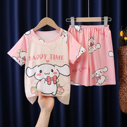 儿童睡衣女童夏季薄款短袖卡通，玉桂狗小孩圆领，可爱套装宝宝家居服