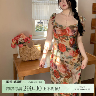 ml茉乐大码微胖2024夏季碎花女人味连衣裙复古收腰显瘦度假风