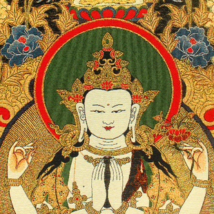 唐卡四臂观音挂像刺绣佛画图西藏手绘工框布玄关装风民族饰禅意式