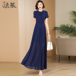 高级藏蓝色连衣裙2024夏季大牌高端收腰显瘦气质到脚踝长裙