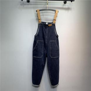 韩版2024春秋大口袋休闲减龄小个子深蓝色大码哈伦牛仔背带裤