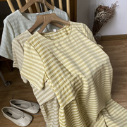 韩版黄色条纹短袖连衣裙圆领，套头宽松百搭长裙，时尚休闲洋气b￥21