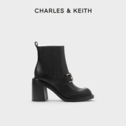charles&keith秋季女靴，sl1-91900006时尚金属粗高跟切尔西靴女
