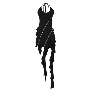 eamstudio黑色小众设计不规则连衣裙女斜拉链，挂脖无袖背心短裙子