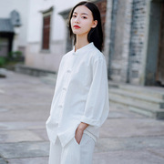 棉麻中式复古立领盘扣茶服白色衬衫打坐禅修女式晨练功太极服衬衣