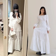 韩国直邮 fletta 2024春季 法式白色圆领露背长袖长款连衣裙