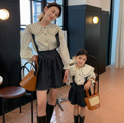 亲子装韩版母女装可爱俏皮波，点衬衫+h22q105牛仔，背带裙套