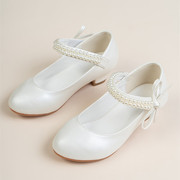 童鞋女童白色皮鞋儿童高跟单鞋，中大童钢琴，表演出走秀礼服公主水晶
