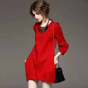 欧洲站春秋欧货长袖连衣裙，大红色灯笼裙宽松短裙，复古礼服气质原创